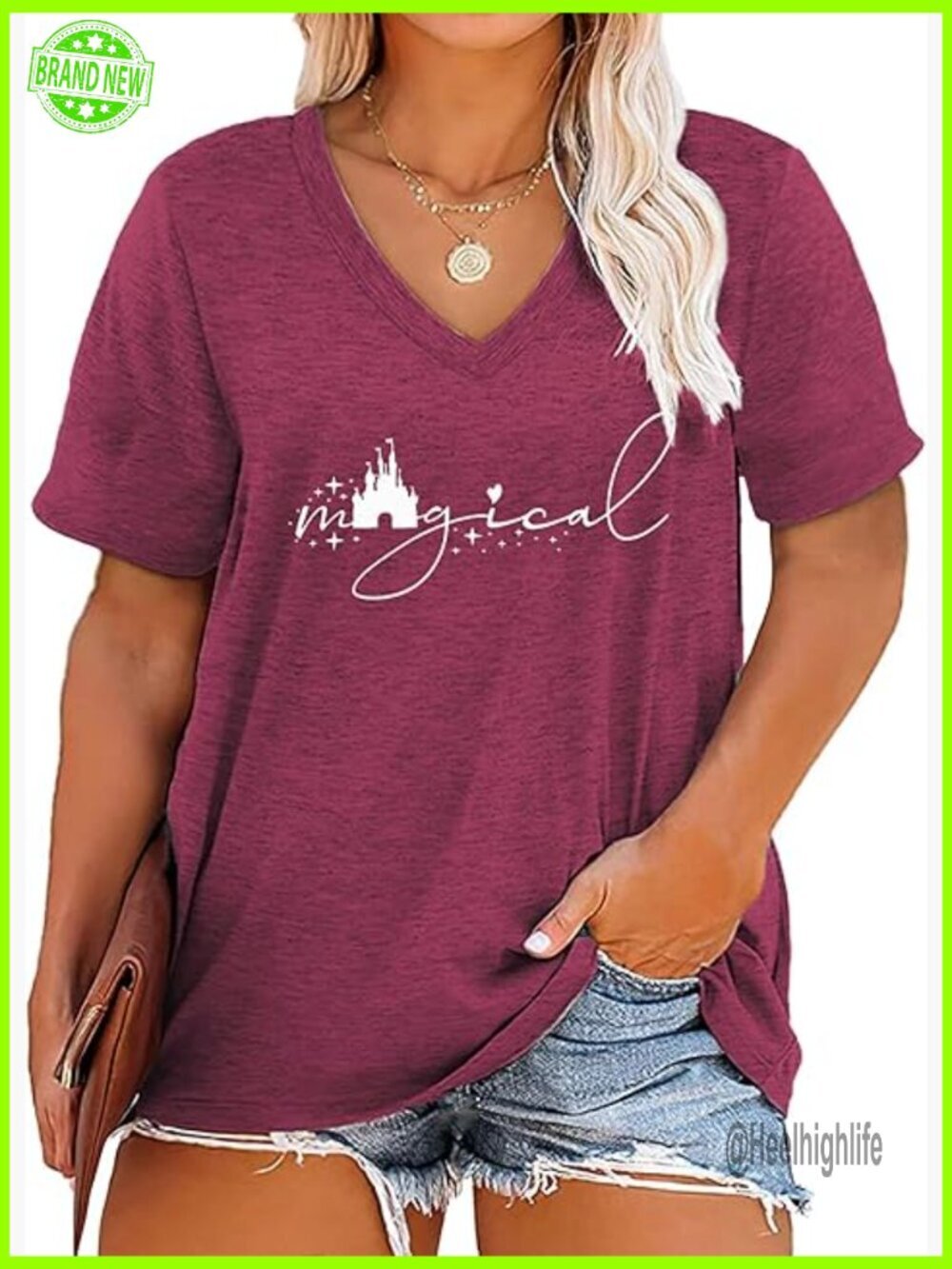 Plus Size V-Neck T-Shirt Magical Castle Print Short Sleeve Summer Top